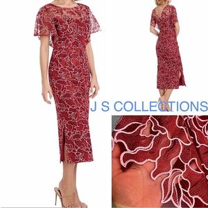J S COLLECTIONS mesh embroidery FLUTTER sleeve midi evening dress